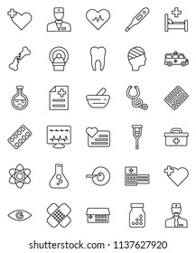 thin line vector icon set - atom vector, flask, heart monitor, cross, doctor bag, pulse, thermometer, eye, insemination, crutches, broken bone, patch, stethoscope, pills bottle, blister, mortar