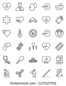 thin line vector icon set - rubber glove vector, school building, heart pulse, cross, ambulance star, doctor, thermometer, pregnancy, insemination, crutches, scissors, scalpel, broken bone, pills