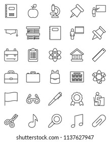 thin line vector icon set - copybook vector, graduate hat, blackboard, ruler, glasses, student, case, backpack, apple fruit, atom, pen, schedule, paper pin, medal, scissors, music, flag, magnifier