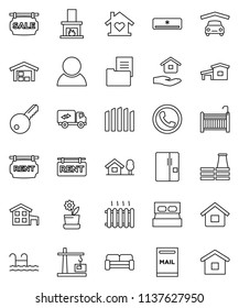 thin line vector icon set - house hold vector, cottage, chalet, pool, mailbox, garage, barn, fence, estate document, sale signboard, rent, consumer, key, crib, cushioned furniture, relocation truck