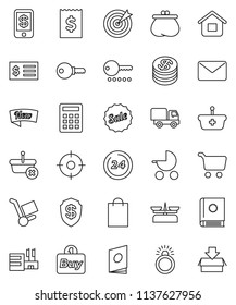 thin line vector icon set - cart vector, receipt, dollar coin, wallet, sale, new, 24 hour, shopping bag, mall, target, buy, basket, home, calculator, trolley, delivery, mail, catalog, tap pay