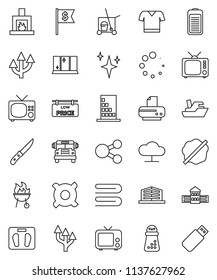 thin line vector icon set - cleaner trolley vector, towel, shining, splotch, window, knife, hand mill, bbq, school building, bus, dollar flag, any currency, scales, t shirt, ship, tv, battery, share