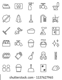 thin line vector icon set - plunger vector, cleaner trolley, broom, vacuum, rake, scoop, bucket, clothespin, sponge, towel, water tap, shining, window cleaning, splotch, welcome mat, iron, toilet