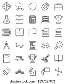 thin line vector icon set - book vector, copybook, school building, blackboard, drawing compass, glasses, student, case, calculator, paper pin, award cup, magnet, scissors, bus, abacus, document