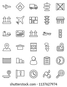 thin line vector icon set - signpost vector, navigator, map pin, attention, office, plane, satellite, traffic light, support, ship, sea container, delivery, clock, calendar, port, wood box, dry