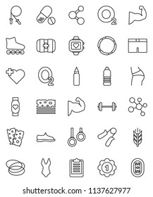 thin line vector icon set - barbell vector, clipboard, jump rope, hand trainer, punching bag, muscule, buttocks, snickers, shorts, swimsuite, roller Skates, medal, pills, molecule, heart monitor