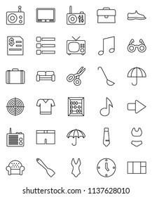 thin line vector icon set - spatula vector, ladle, glasses, scissors, abacus, music, case, annual report, clock, tie, snickers, shorts, swimsuite, t shirt, target, umbrella, radio, menu, arrow, tv