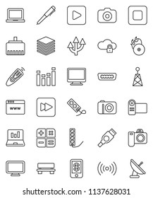 thin line vector icon set - pen vector, notebook pc, laptop graph, music hit, camera, antenna, equalizer, remote control, play button, stop, forward, hdmi, cloud lock, big data, browser, bench