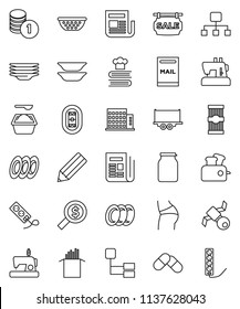 thin line vector icon set - washing powder vector, plates, colander, cookbook, jar, pasta, pencil, coin stack, money search, buttocks, stadium, satellite, truck trailer, newspaper, pills, hierarchy