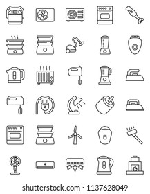 thin line vector icon set - vacuum cleaner vector, iron, kettle, mixer, double boiler, blender, table lamp, rca, windmill, air conditioner, ari condition, power plug, multi cooker, oven, epilator