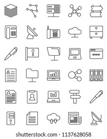 thin line vector icon set - pen vector, notebook pc, document, archive, personal information, laptop graph, binder, attention, satellite antenna, newspaper, network, folder, server, cloud, exchange