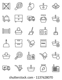 thin line vector icon set - scoop vector, washing powder, cereal, archive, wood box, cargo, no trolley, search, radio, mailbox, relocation truck, basket, package