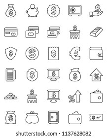 thin line vector icon set - gold ingot vector, credit card, wallet, percent growth, money bag, piggy bank, investment, building, receipt, dollar medal, shield, safe, monitor, euro sign, coin, reader