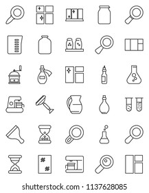 thin line vector icon set - scraper vector, window cleaning, shining, oil, measuring cup, hand mill, spices, jug, jar, magnifier, flask, vial, sand clock, potion, coffee maker