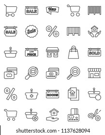 thin line vector icon set - house hold vector, cart, credit card, office, cargo search, estate document, sale signboard, rooms, sold, low price, new, shopping bag, percent, store, barcode, basket