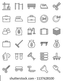 thin line vector icon set - scraper vector, vacuum cleaner, rake, iron, steaming, case, money bag, horizontal bar, big scales, group, vial, scissors, data, bench, construction crane, 24 hour