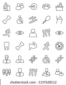 thin line vector icon set - student vector, manager, man, muscule hand, buttocks, stairways run, bone, client, group, disabled, eye, dna, pregnancy, insemination, chromosomes, sperm, tooth, user