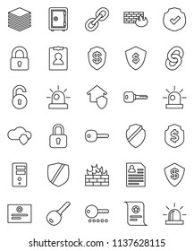 thin line vector icon set - certificate vector, personal information, dollar shield, safe, protected, link, cloud, big data, server, firewall, chain, unlock, key, siren, lock, home protect, password