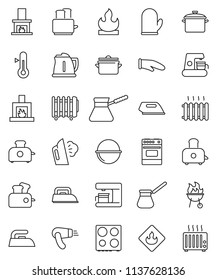 thin line vector icon set - iron vector, steaming, pan, camping cauldron, kettle, cook glove, turk coffee, toaster, oven, thermometer, bbq, flammable, fireplace, heating, maker, hair dryer, heater