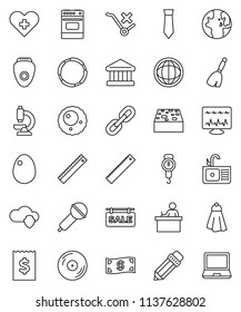 thin line vector icon set - broom vector, sponge, towel, sink, scales, oven, egg, pencil, ruler, student, world, bank, receipt, tie, hoop, no trolley, disk, microphone, heart cross, microscope, cash