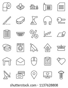 thin line vector icon set - plunger vector, sponge, toilet paper, colander, rolling pin, document, graph, credit card, dollar growth, fitness mat, heart monitor, cross, hoop, map, phone, warehouse
