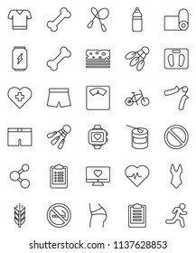 thin line vector icon set - scales vector, heart pulse, clipboard, bike, jump rope, hand trainer, buttocks, shorts, swimsuite, t shirt, sports nutrition, enegry drink, molecule, monitor, fitness mat