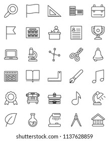 thin line vector icon set - book vector, pen, university, school building, corner ruler, drawing compass, student, backpack, microscope, bell, table lamp, notebook pc, schedule, award cup, medal