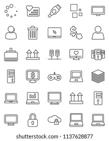 thin line vector icon set - trash bin vector, notebook pc, laptop graph, monitor dollar, cursor, heart, support, top sign, hdmi, server, cloud lock, big data, lan connector, loading, user, computer