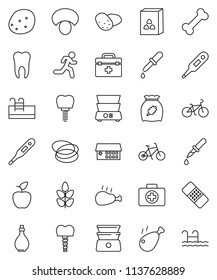 thin line vector icon set - oil vector, double boiler, cereal, mushroom, potato, chicken leg, apple fruit, bike, cereals, first aid kit, bone, hoop, run, doctor bag, thermometer, dropper, patch
