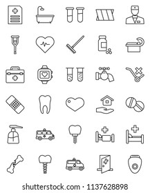 thin line vector icon set - rake vector, water tap, liquid soap, house hold, heart pulse, pills vial, monitor, no trolley, doctor bag, crutches, broken bone, patch, anamnesis, hospital bed, bandage