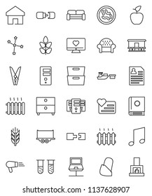 thin line vector icon set - clothespin vector, apple fruit, music, archive, constellation, personal information, cereals, heart monitor, truck trailer, port, Railway carriage, vial, microbs, bandage
