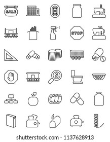 thin line vector icon set - toilet vector, washing powder, sprayer, plates, colander, jar, pasta, corner ruler, apple fruit, coin stack, money search, hierarchy, pills, stadium, Railway carriage