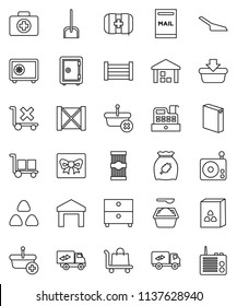 thin line vector icon set - scoop vector, washing powder, cereal, pasta, archive, safe, first aid kit, wood box, cargo, no trolley, warehouse, radio, mailbox, relocation truck, gift, cashbox, basket