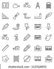 thin line vector icon set - water tap vector, splotch, washboard, thermometer, chicken leg, pen, pencil, corner ruler, drawing compass, Railway carriage, tulip, big scales, hdmi, broken bone, plan
