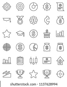 thin line vector icon set - graduate hat vector, clipboard, award cup, certificate, graph, pie, japanese candle, money bag, dollar growth, bank building, target, medal, cent sign, stairways run