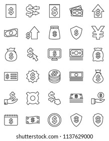 thin line vector icon set - exchange vector, dollar coin, cash, money bag, investment, growth, receipt, medal, shield, calendar, monitor, cursor, any currency, yen sign