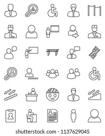 thin line vector icon set - blackboard vector, student, manager, man, personal information, horizontal bar, stairways run, client, speaking, group, disabled, doctor, crutches, head bandage, user