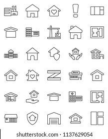 thin line vector icon set - house hold vector, school building, measuring, dry cargo, hospital, home, attention sign, cottage, barn, plan, love, construction crane, protect, mall, window