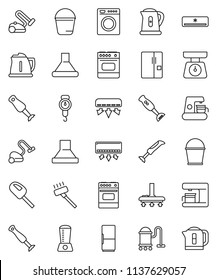 thin line vector icon set - vacuum cleaner vector, bucket, kettle, scales, oven, blender, air conditioner, fridge, washer, coffee maker, hood