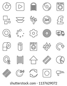 thin line vector icon set - washboard vector, toilet paper, plates, pie graph, arrow up, pound, oxygen, disk, play button, rec, pills blister, gear, refresh, redo, loading, route, relocation truck