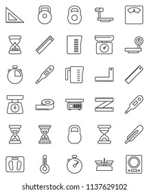 thin line vector icon set - measuring cup vector, scales, corner ruler, sand clock, stopwatch, weight, big, thermometer, store, kitchen