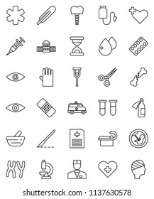 thin line vector icon set - rubber glove vector, school building, ambulance star, heart cross, doctor, thermometer, vial, eye, pregnancy, syringe, crutches, scissors, scalpel, broken bone, patch