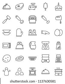 thin line vector icon set - kettle vector, colander, scales, apron, cook glove, press, whisk, ladle, meat hammer, hand mill, grater, mixer, microwave oven, double boiler, spices, plates, jug, dish