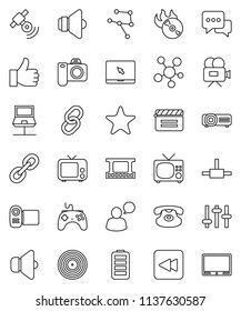 thin line vector icon set - cinema clap vector, film frame, disk, music hit, satellitie, speaker, tv, gamepad, settings, video camera, dialog, speaking man, notebook pc, classic phone, social media