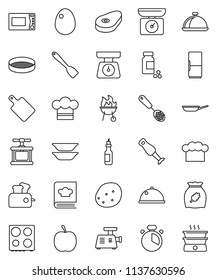 thin line vector icon set - pan vector, scales, cook hat, timer, press, skimmer, spatula, cutting board, microwave oven, cookbook, blender, bbq, plates, sieve, dish, cereal, egg, potato, steak, oil