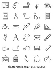 thin line vector icon set - water tap vector, splotch, washboard, rolling pin, thermometer, chicken leg, pen, corner ruler, drawing compass, Railway carriage, tulip, big scales, hdmi, broken bone