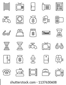 thin line vector icon set - water tap vector, washboard, kettle, glasses, abacus, money bag, sand clock, phone, film frame, video camera, microphone, fridge, tv, closed, kitchen scales