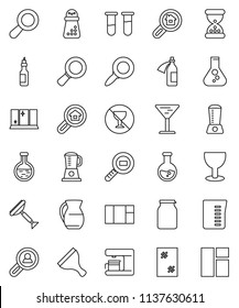 thin line vector icon set - scraper vector, window cleaning, shining, measuring cup, hand mill, jug, jar, oil, magnifier, flask, no alcohol sign, glass, cargo search, vial, sand clock, potion