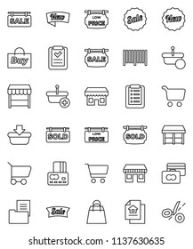 thin line vector icon set - cart vector, credit card, office, estate document, sale signboard, sold, low price, new, shopping bag, market, store, buy, barcode, basket, list, coupon