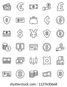 thin line vector icon set - exchange vector, dollar coin, japanese candle, credit card, cash, investment, stack, check, shield, monitor, any currency, euro sign, pound, yen, cent, money, wallet